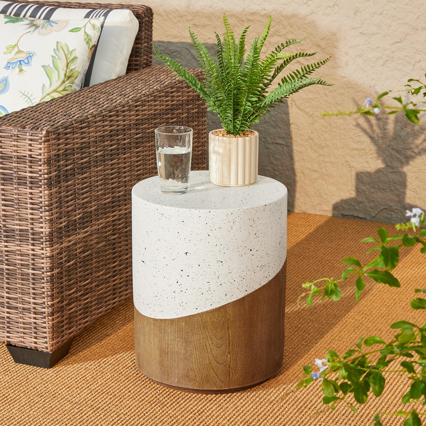 Set of 2 17.25"H Multi-functional MGO Faux Terrazzo and Wood Texture Garden Stool or Planter Stand or Accent Table