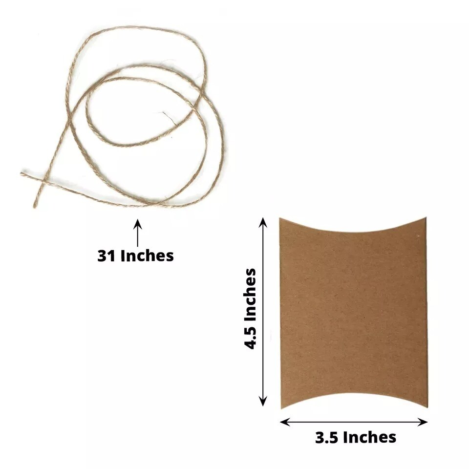50 Natural Paper Pillow Gift Boxes Jute Ribbons Rustic FAVOR HOLDERS Party Event