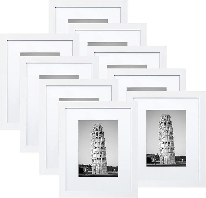 8x10 Picture Frame Set of 9, Display Pictures 5x7 with Mat or 8 x 10 Without Mat, Photo Frame for Wall Mounting or Tabletop Display, White.