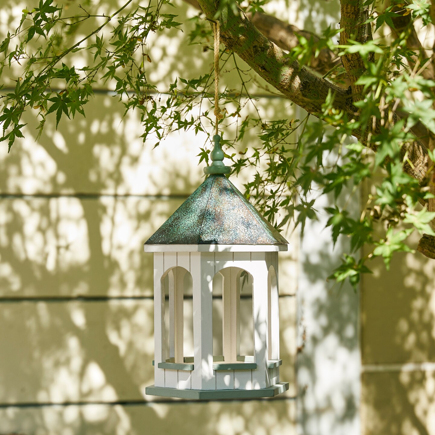 15.75&#x22;H Patina Metal Roof Solid Wood Gazebo Tray Bird Feeder