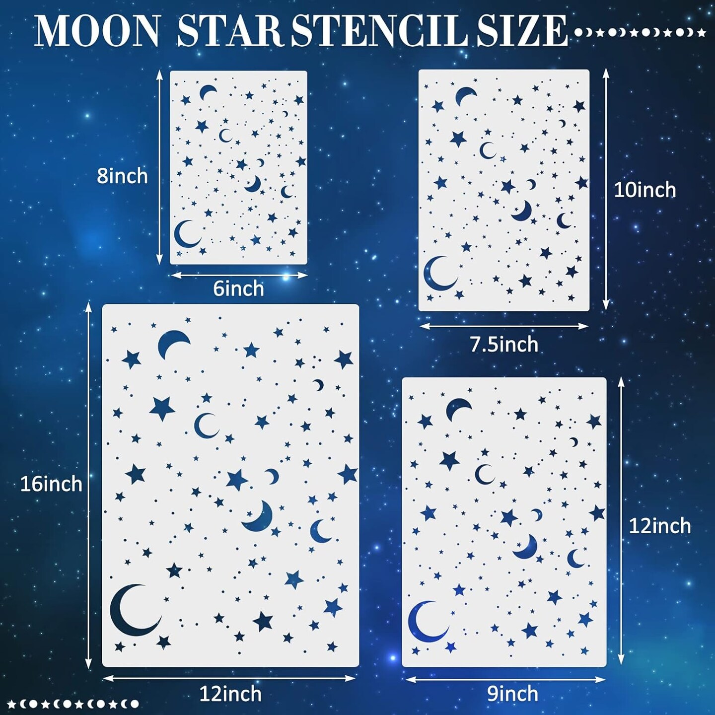 4 Pack Star Stencil 4 Sizes Star Shaped Painting Template Reusable Plastic Twinkle Starburst Painting Stencils for Wall Wood Canvas Fabric, Use for Flag Day Home Decor DIY Crafts(Stars and Moon)