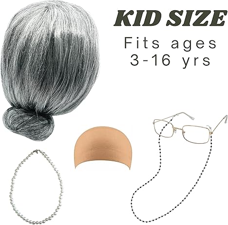 4E&#x27;s Novelty Old Lady Costume for Kids 7 Pcs Set - for 100 Day of School Grandma Costume for Girls, Gray Curly Wig, Cane, Granny Glasses with Chain Dress Up Accessories