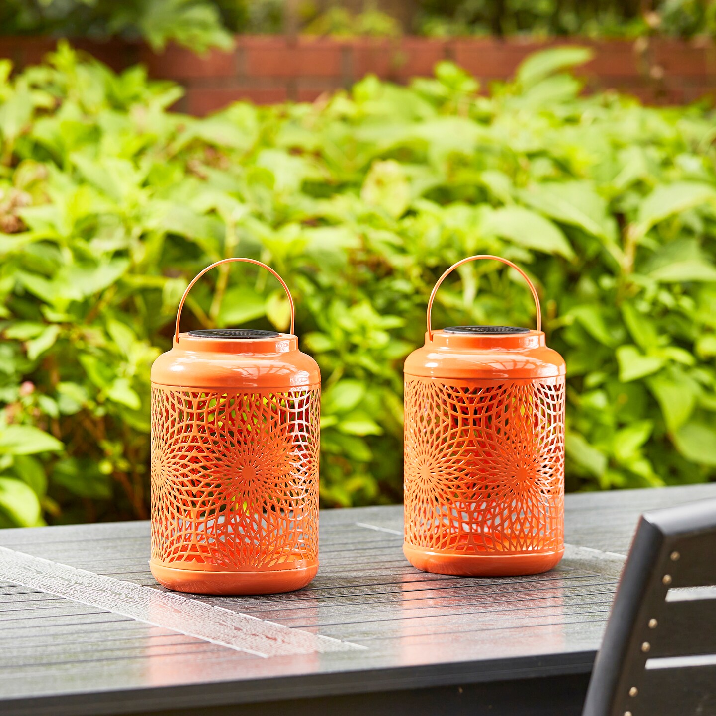 Set of 2/4 8.75&#x22;H Metal Cutout Scrollwork Solar Powered LED Outdoor Lantern with handle