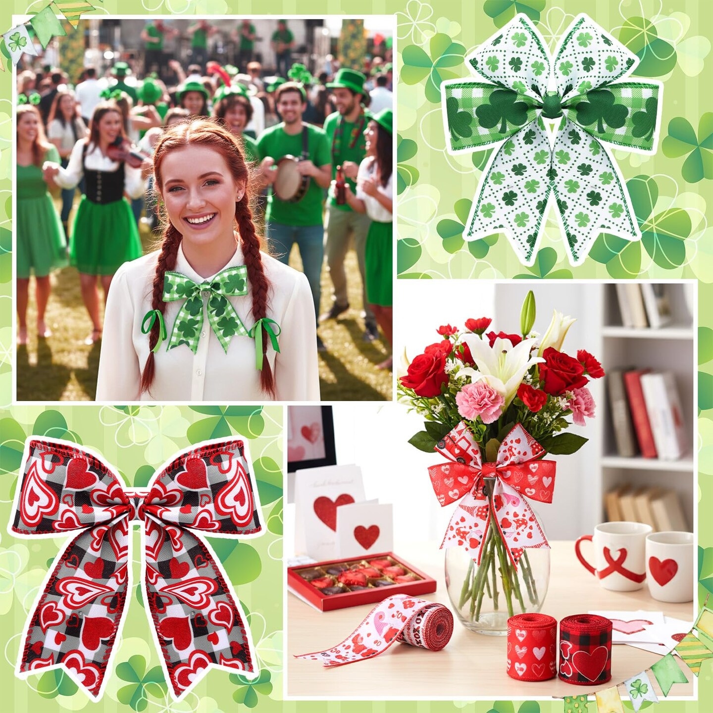 12 Rolls Valentine's Day Wired Edge Ribbon for Wreaths 2 Inch x 60 Yards Red Pink Heart Gnome Truck Print Grosgrain Ribbon Shamrock Clover Crafts for St Patricks Day Party Supplies 12 Styles