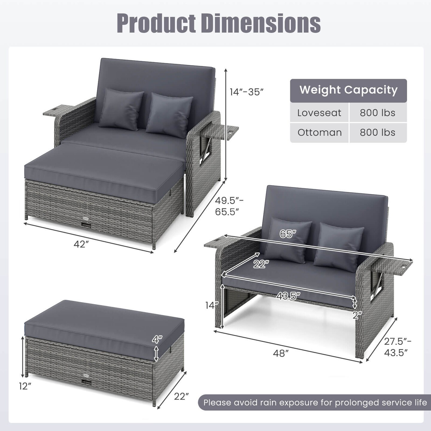 Costway Wicker Loveseat Sofa Set Patio Rattan Daybed with Ottoman & Retractable Side Tray