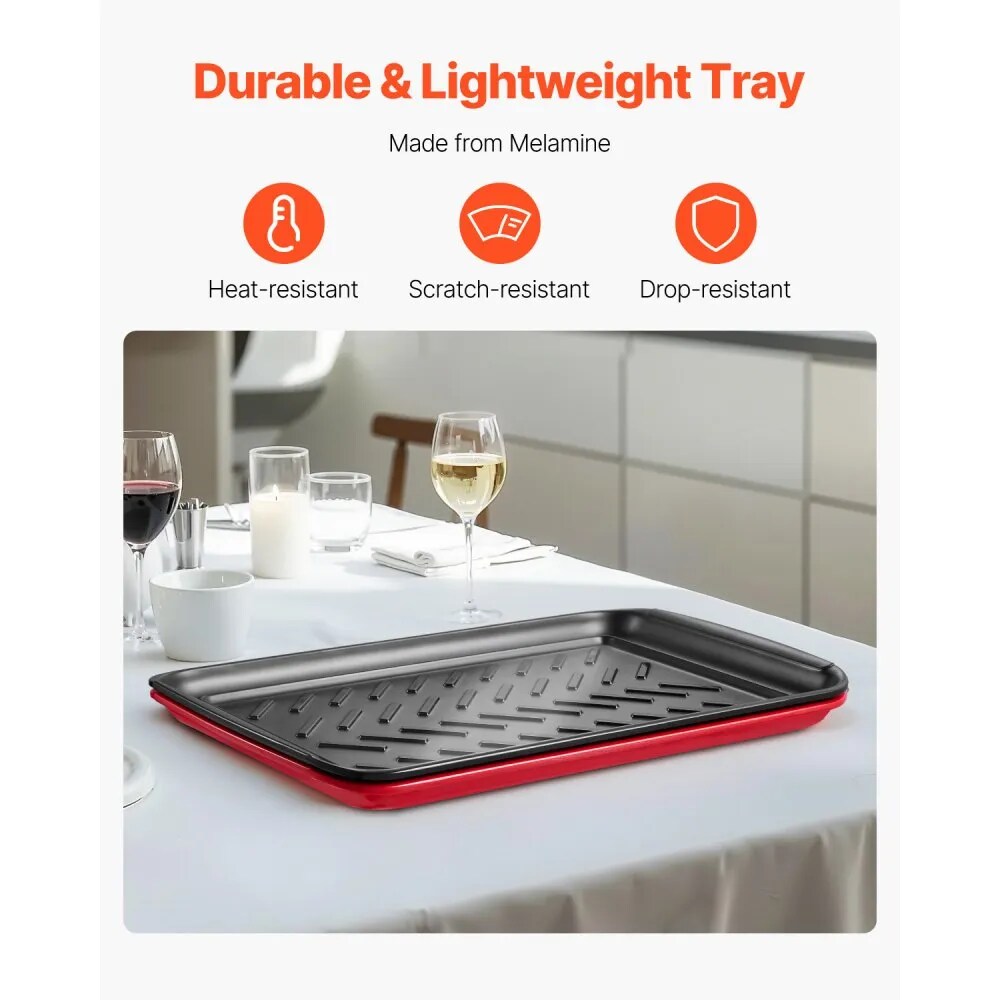 Black and Red Melamine 2-Piece Serving Tray Set with Non-Slip Stripes and Stackable Design