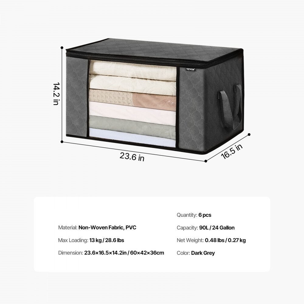 6 Pack Large Foldable Storage Bags Dark Grey Non-Woven Fabric with Zipper