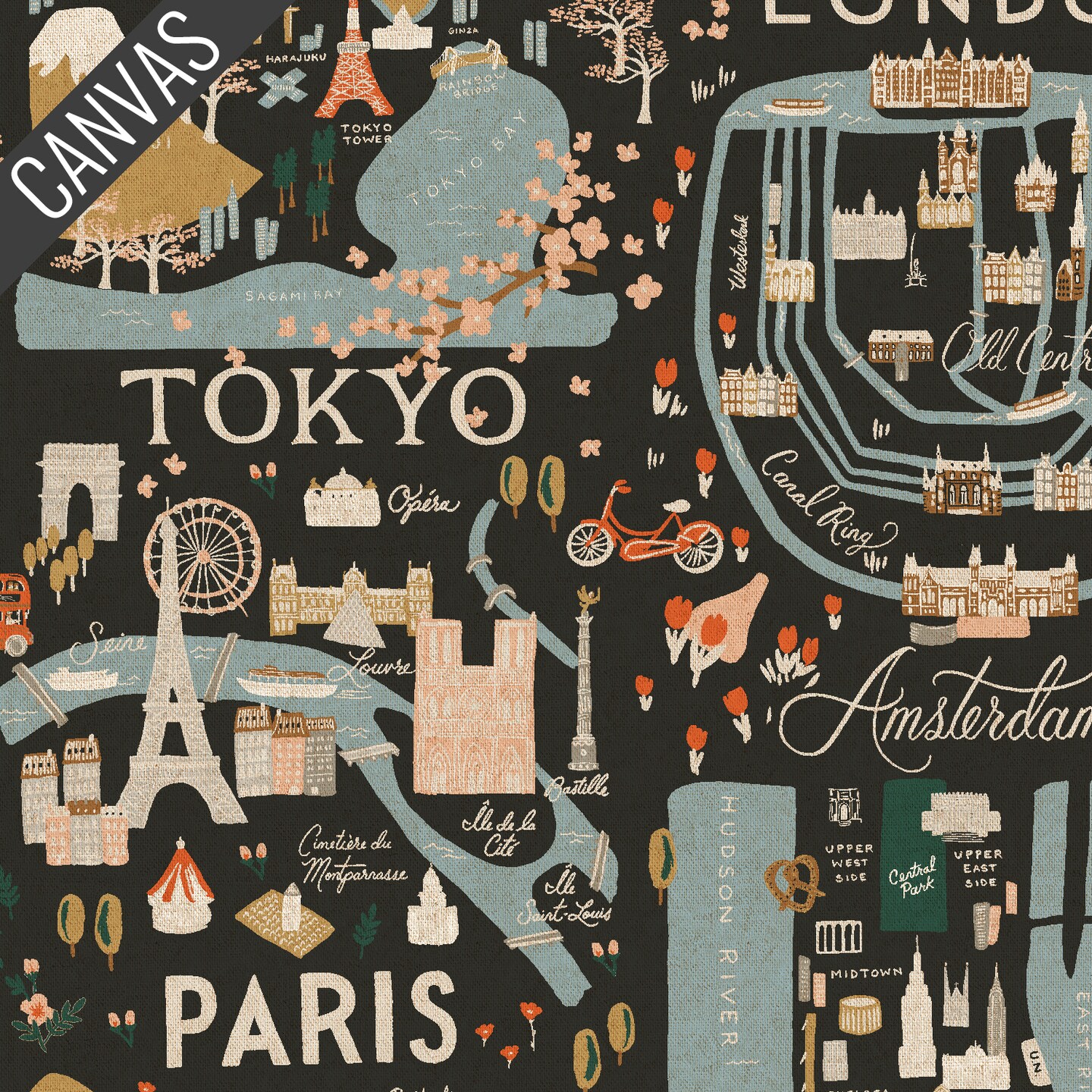 City Guide Canvas in Black Unbleached (rp801-bk3uc) | Bon Voyage | Rifle Paper Co | Cotton+Steel