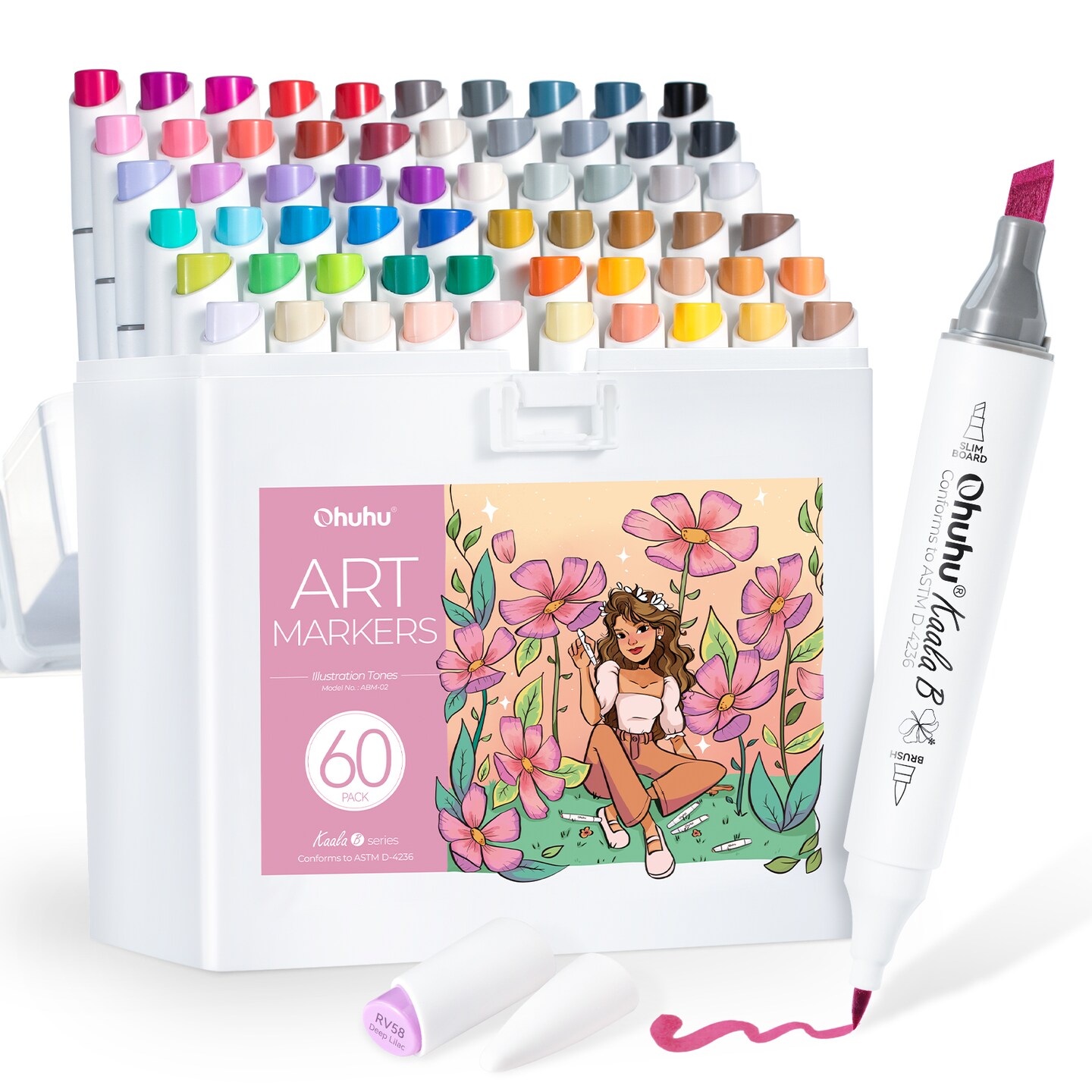 Ohuhu Alcohol Markers: Mini Brush & Slim Broad 60 Illustration/Landscape Colors Dual Tip Brush Tip Alcohol-based Art Marker for Artists Adults Coloring Illustration- Refillable - Kaala B Series of Ohuhu Markers