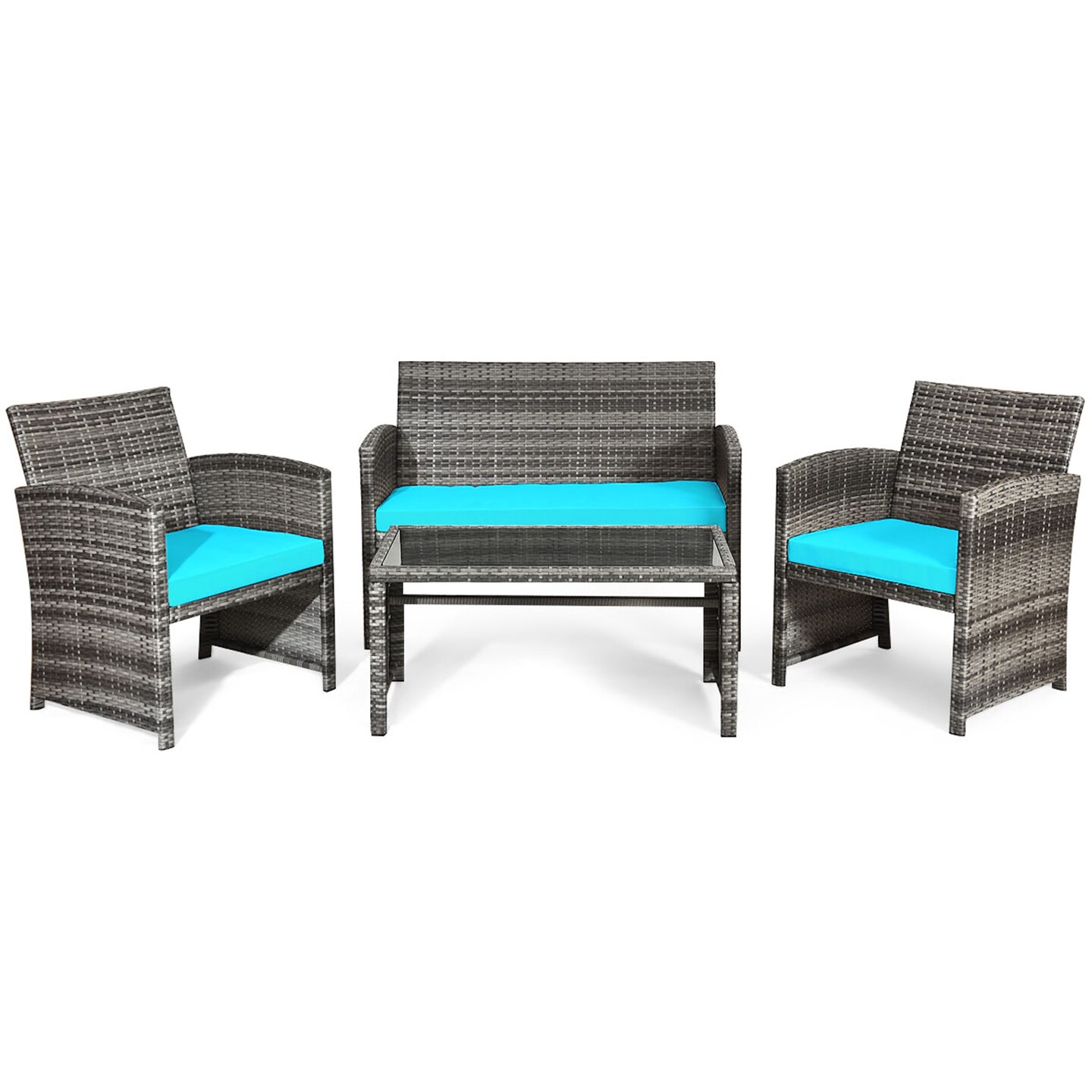 Costway 4PCS Patio Rattan Furniture Set Conversation Glass Table Top Cushioned Turquoise/Red/Grey/Beige/Navy/Black