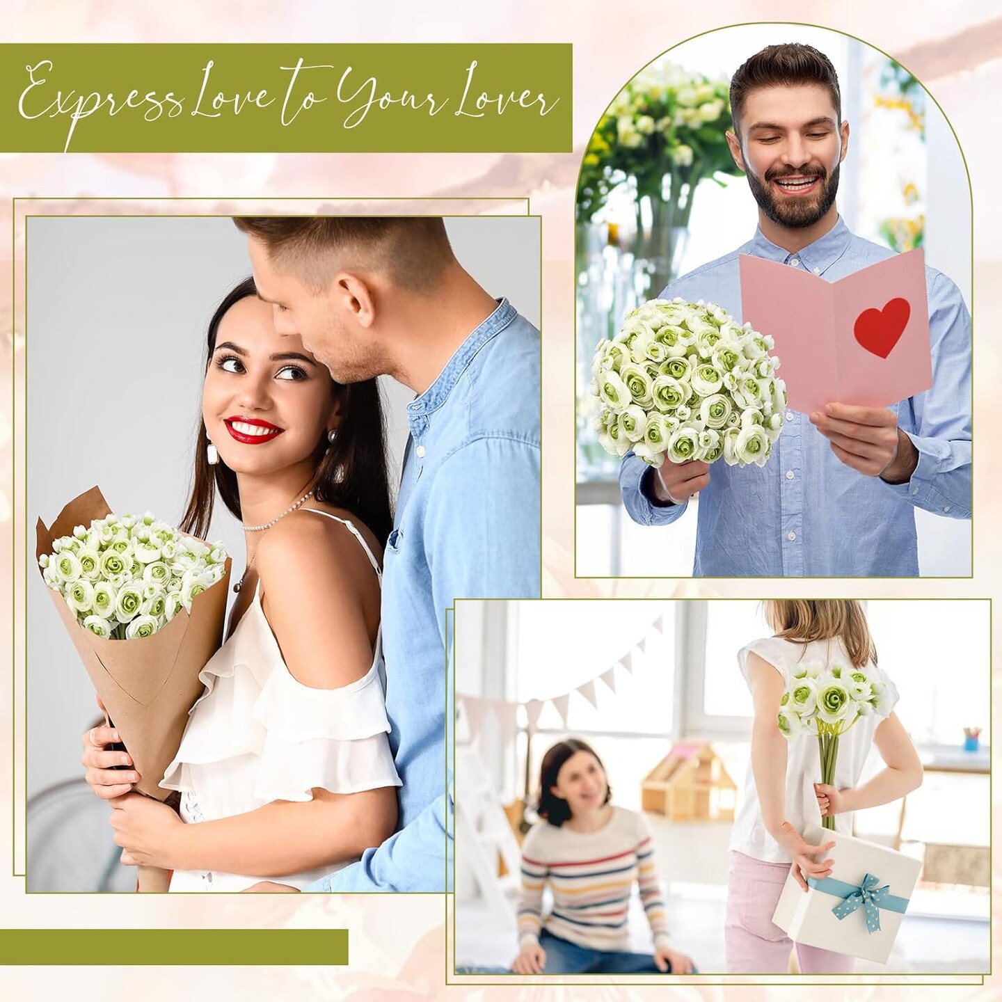 48-Piece White & Green Artificial Ranunculus Flowers – Realistic Silk Faux Peonies for DIY Bouquets, Wedding Centerpieces, Bridal Shower Decorations & Home Decor