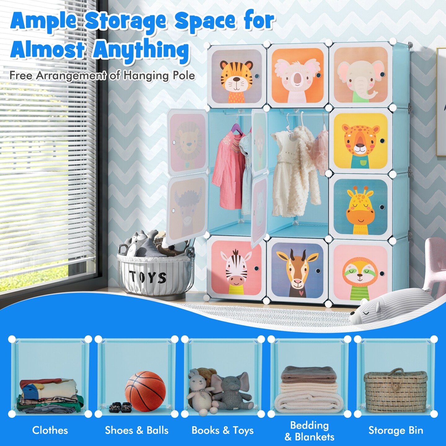 12 Cube Kids Closet with Hanging Rod and Storage Doors for Easy Organization
