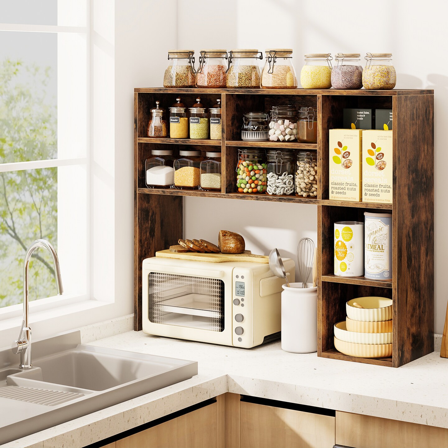 7-Cubby Desktop Bookshelf with Adjustable Shelves for Books and Office Supplies