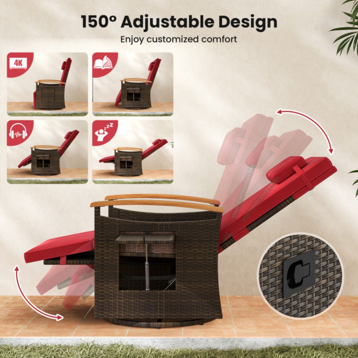 Brown Rattan Swivel Recliner Chair with Adjustable Backrest, Cushion and Foldable Side Table