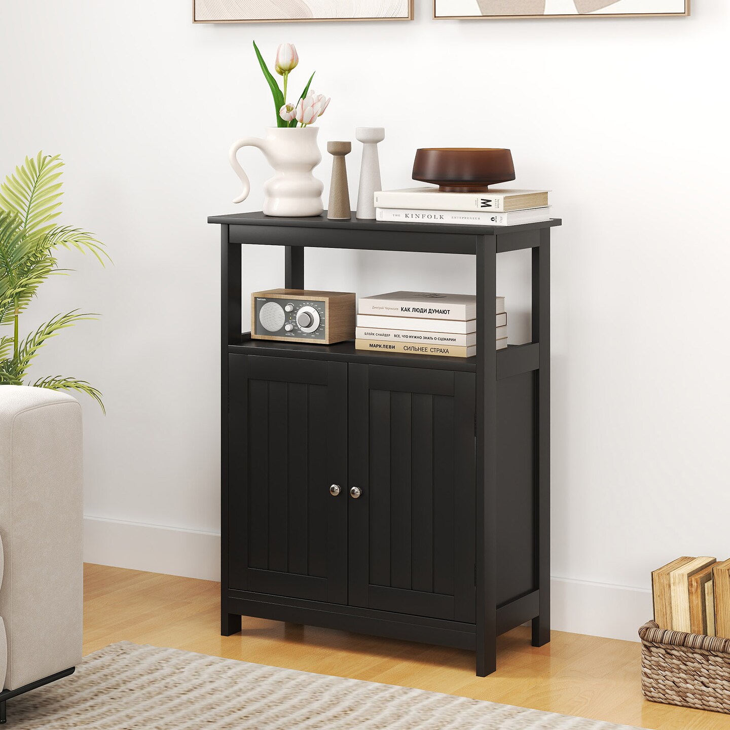 Freestanding Bathroom Storage Cabinet with Open Compartment and Adjustable Shelf