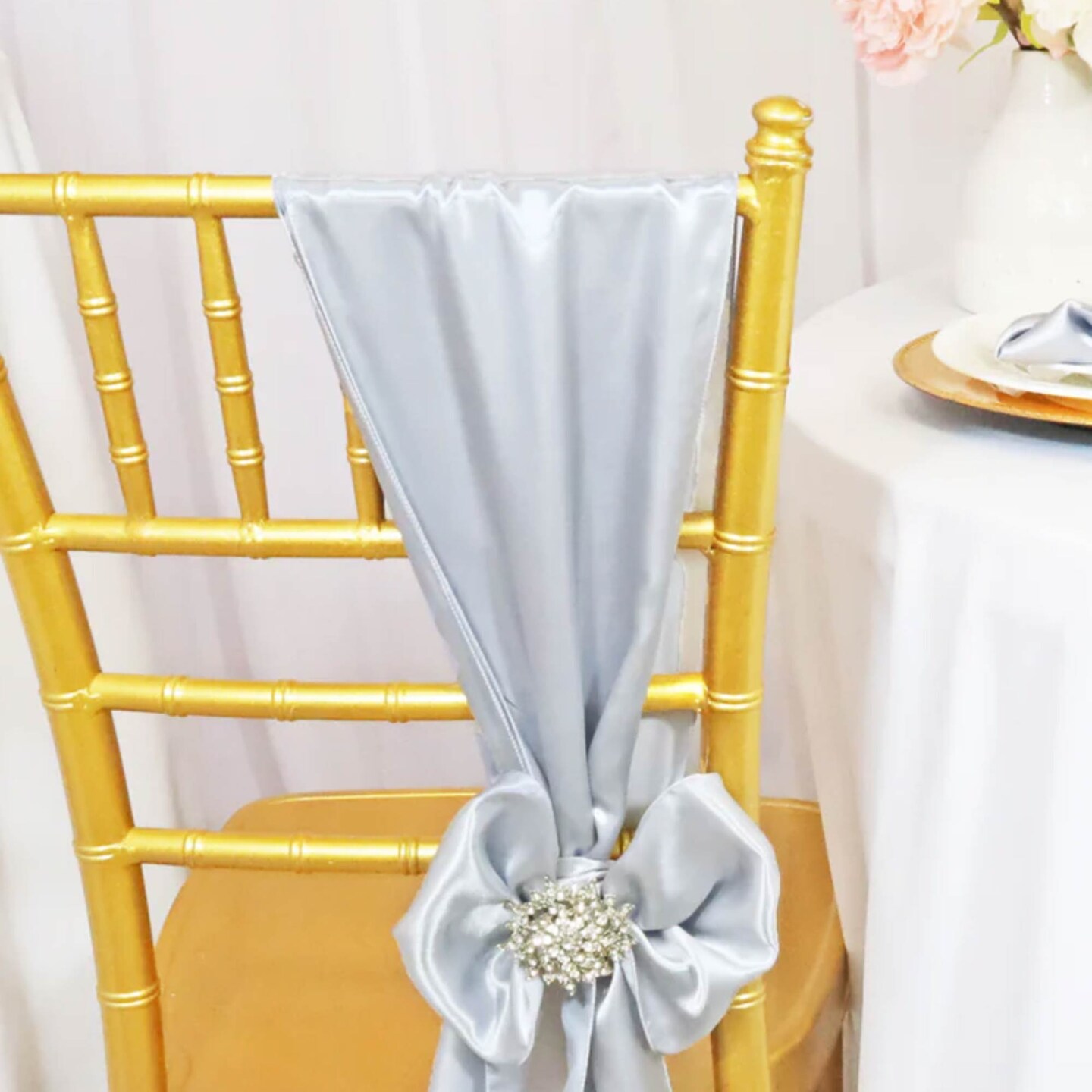 10 Pieces Satin Chair Sashes 8 by 108 inches Platinum or Light Silver