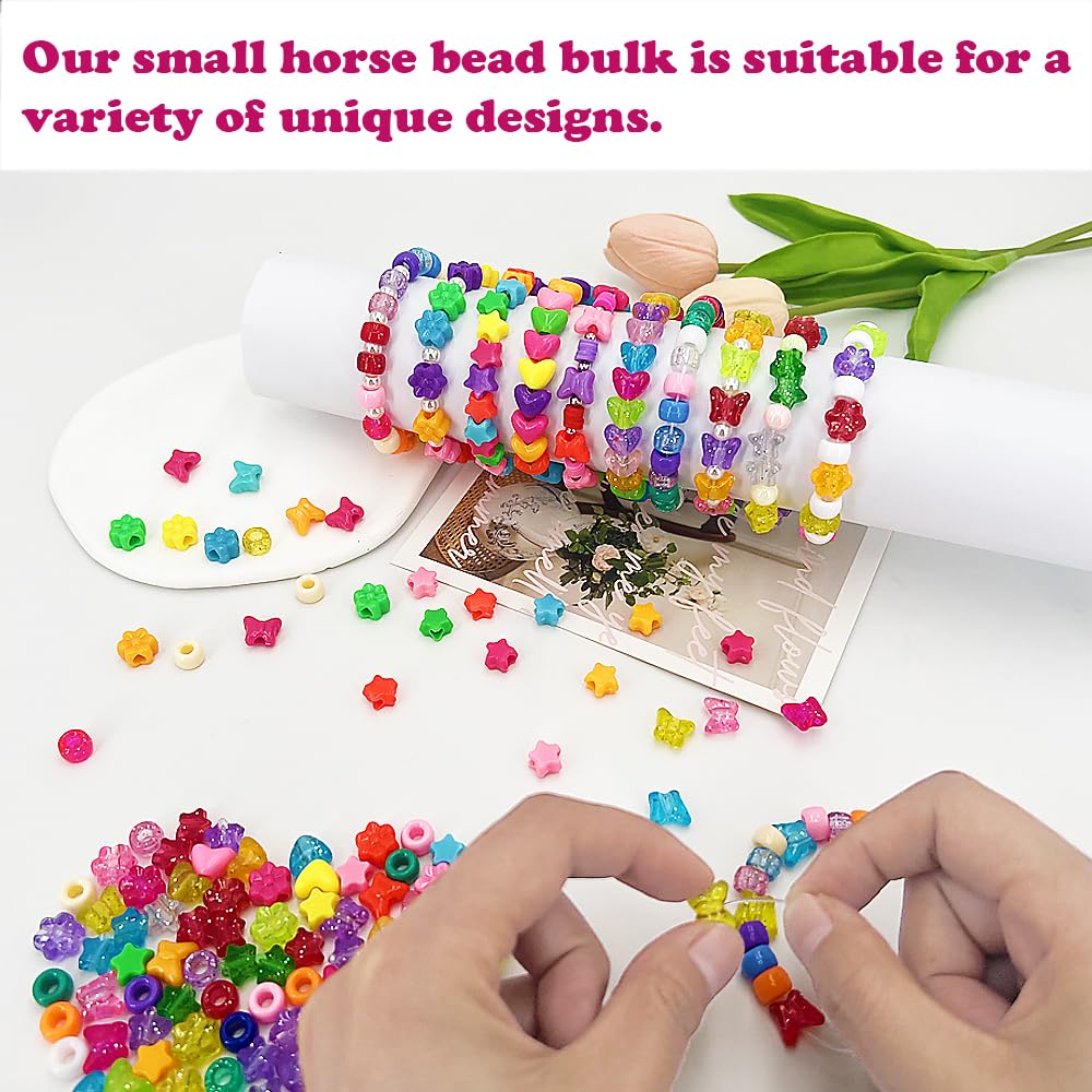 MIIIM 1000Pcs 6x9mm Pony Beads Shapes in 5 Styles 21 Colors, Heart, Star, Butterfly, Flower, Assorted Kandi Beads for Friendship Bracelet, Big Hole Hair Braids Crafts, Jewelry Making (Multi-Glitter)
