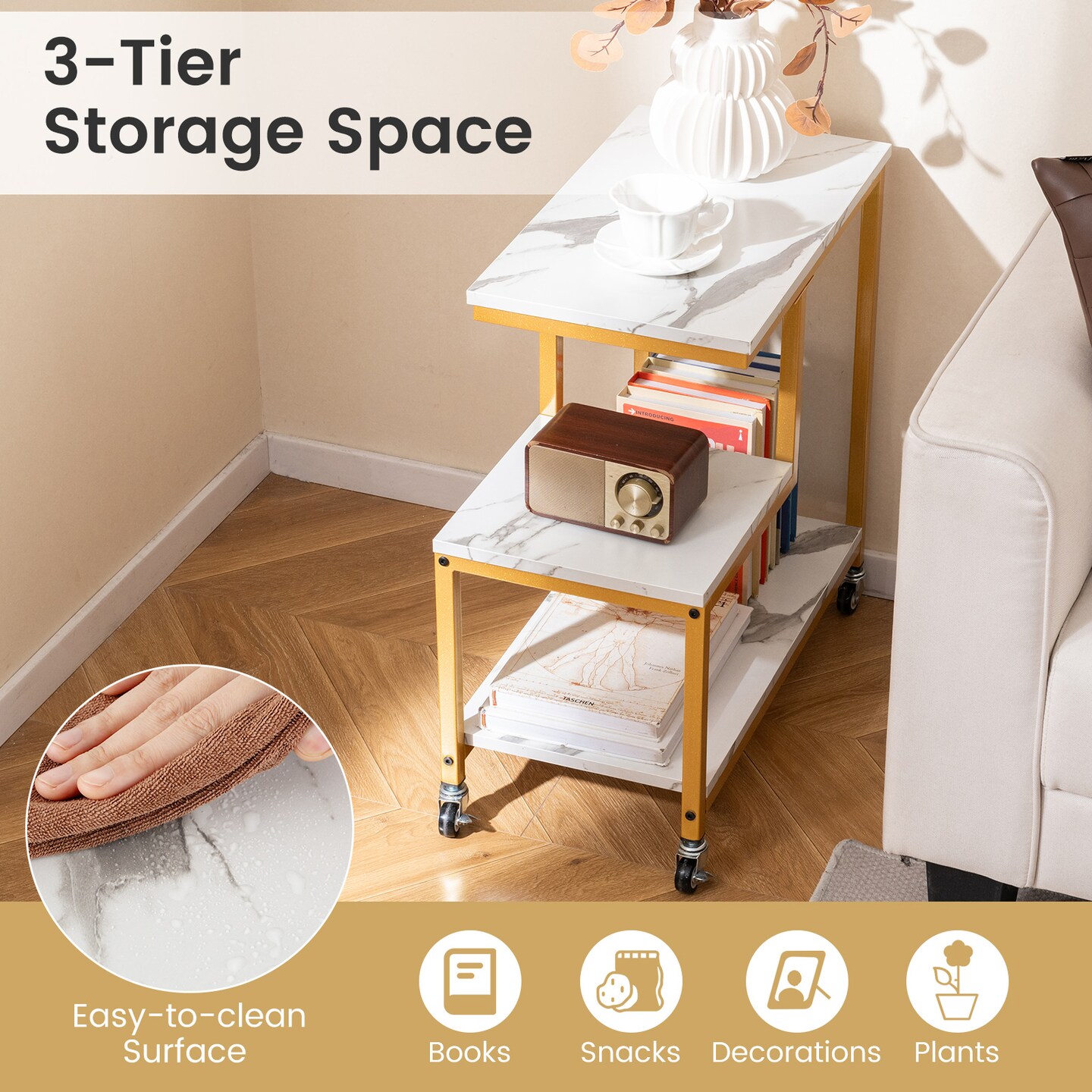 3-Tier G-Shaped End Table with Open Shelves and Mobile Casters for Home Use