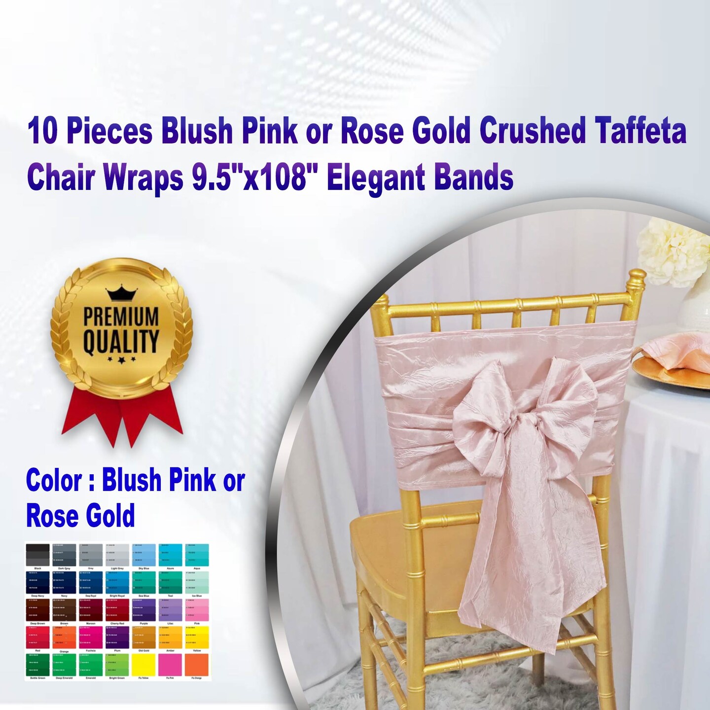 10 Pieces Blush Pink or Rose Gold Crushed Taffeta Chair Wraps 9.5&#x22;x108&#x22; Elegant Bands