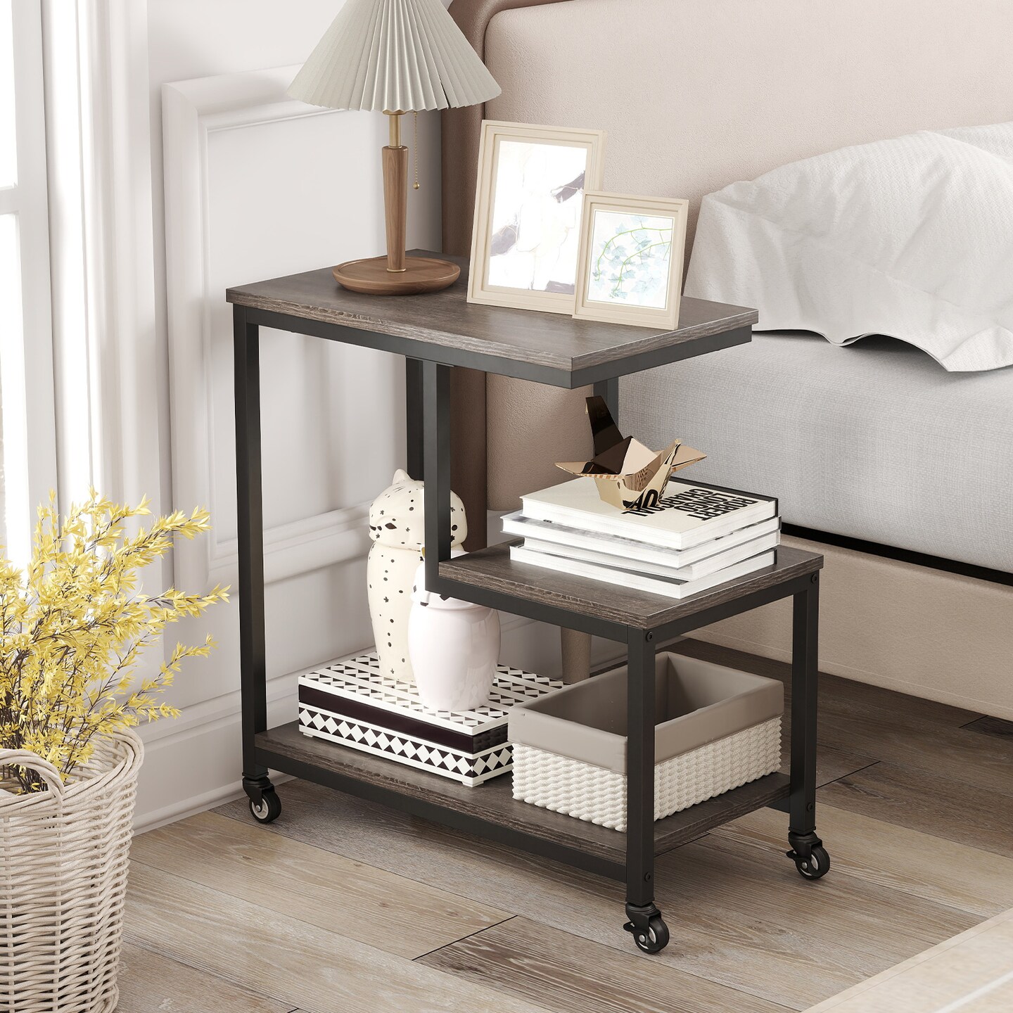 3-Tier G-Shaped End Table with Open Shelves and Mobile Casters for Home Use