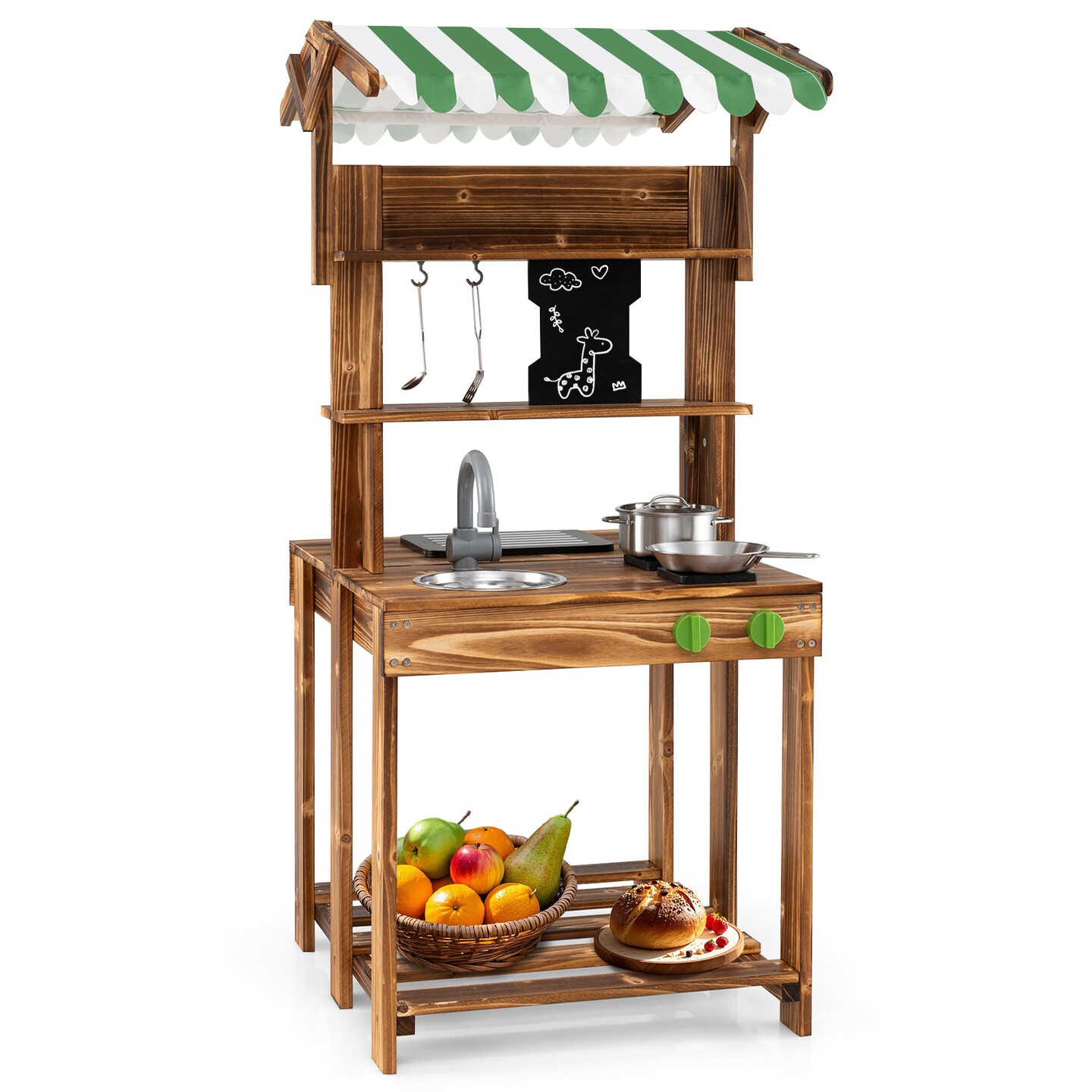 Wooden Mud Kitchen with Canopy and Chalkboard for 3+ Year Olds