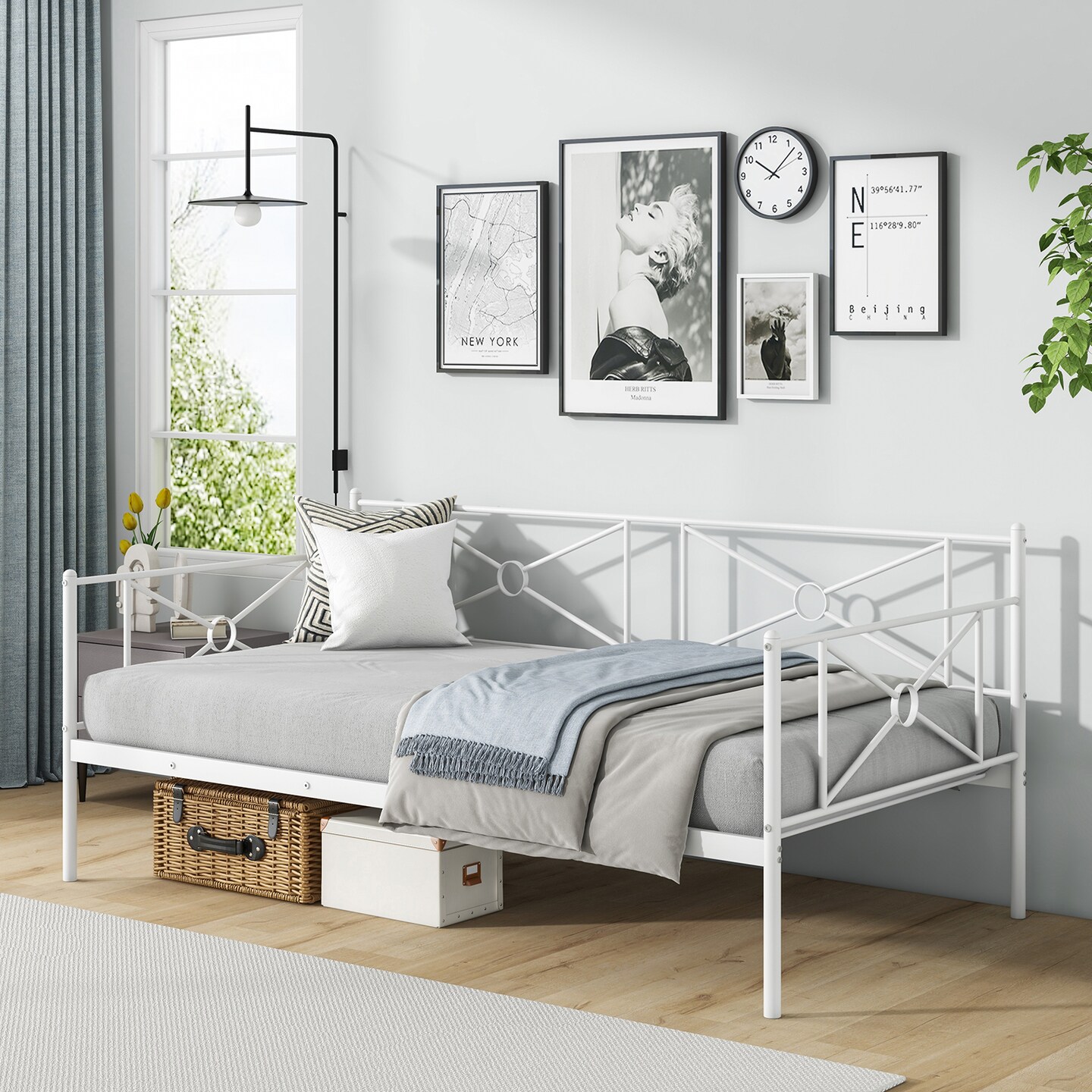 White Metal Twin Size Daybed Frame with Steel Construction Under-bed Storage and Victorian Style Design