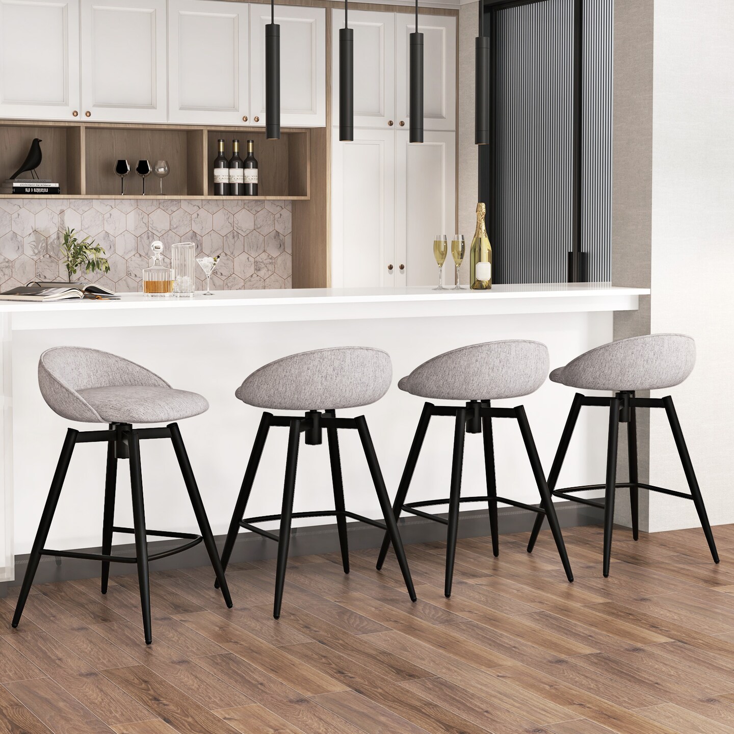 Set of 2 Upholstered Bar Stools with Footrest and Backrest for Kitchen Island