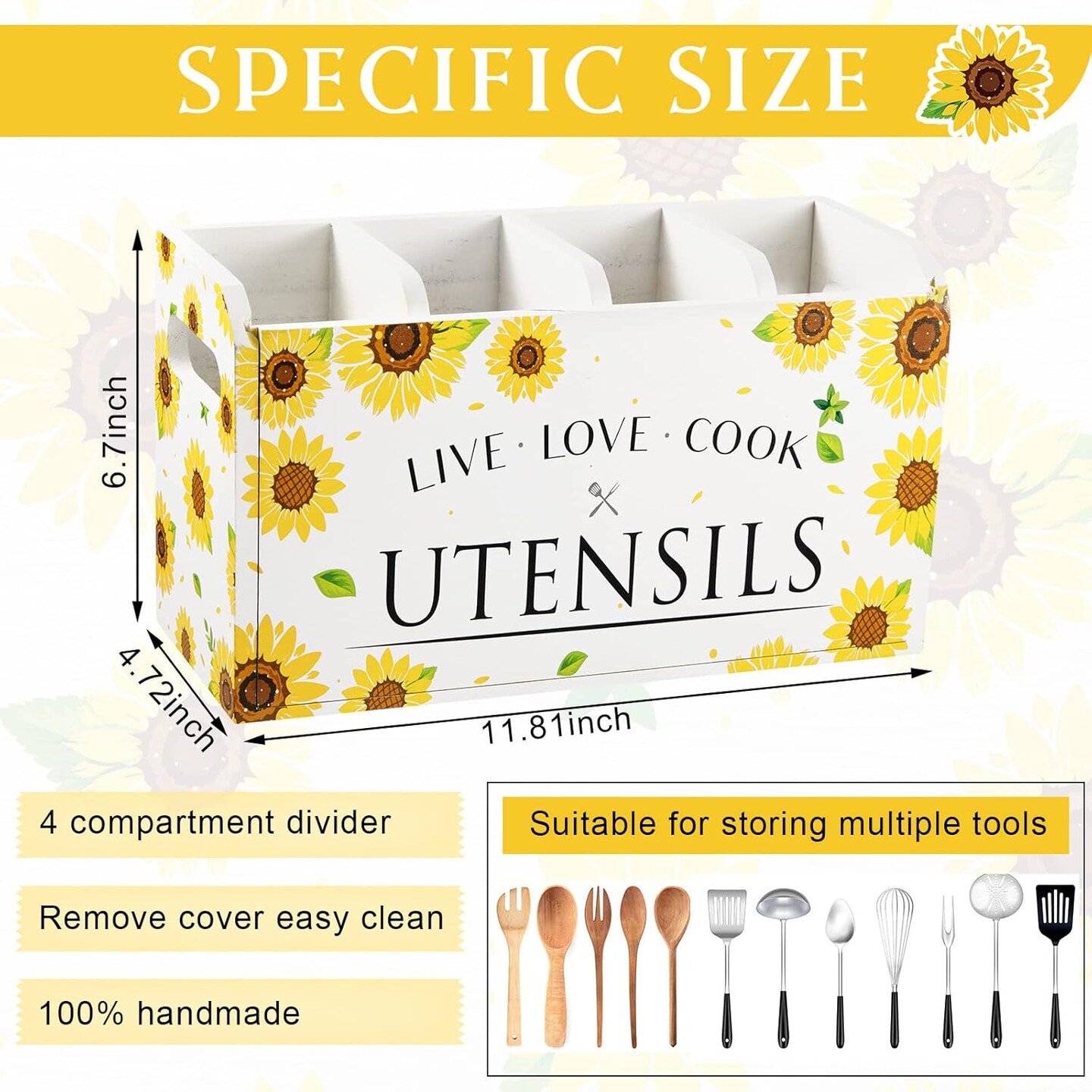 Sunflower Kitchen Utensil Holder for Countertop 4 Compartment Large Wooden Rustic Farmhouse Sunflower Cooking Utensil Organizer Kitchen Tools Storage for Home Counter