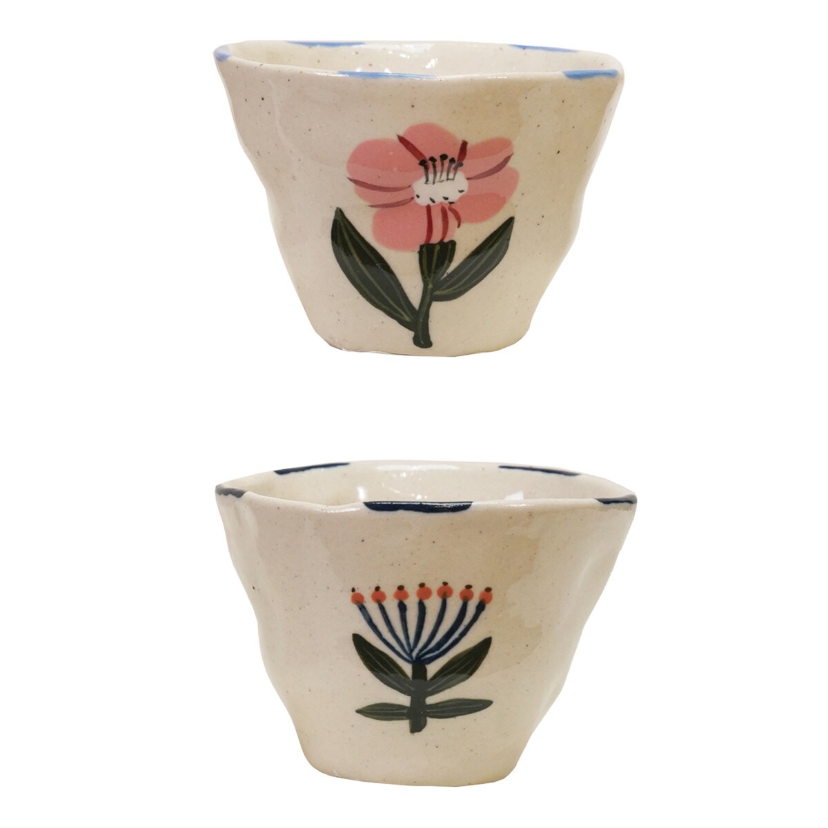 Hello Honey 8-Piece Hand-Painted Stoneware Organic Shaped Cup/Bowl with Flower Image, Multicolor