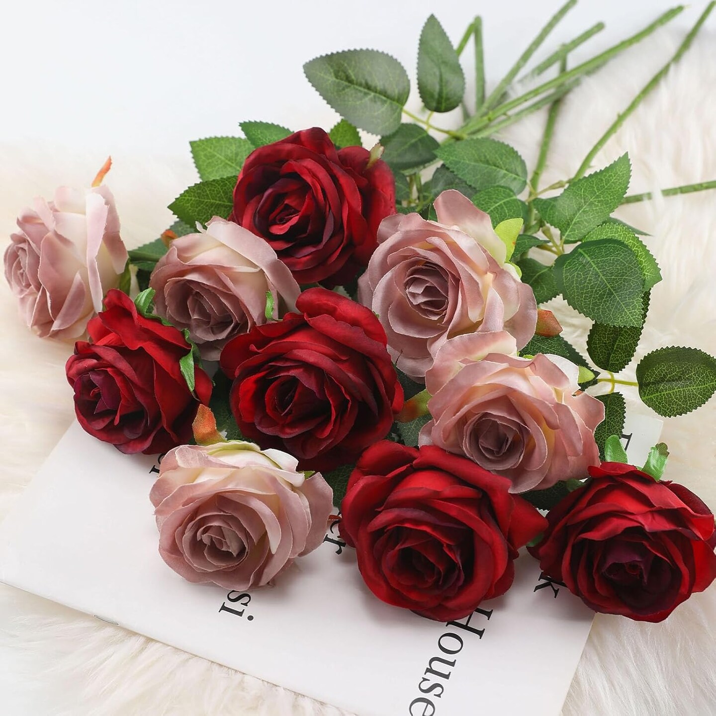 10 Pcs Fake Artificial Roses Silk Flowers with Stems for Home Wedding Hotel Office Centerpiece Decor