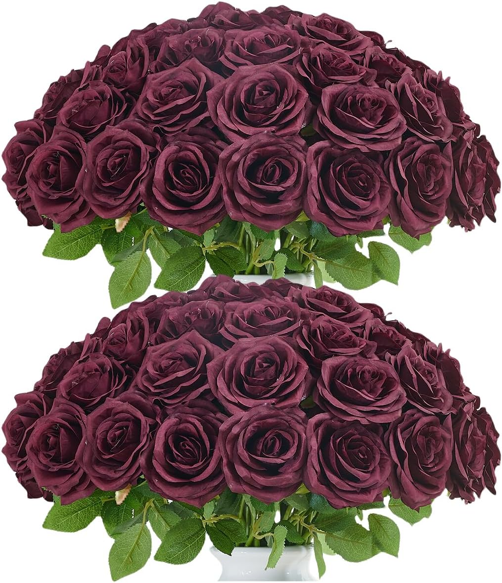 50pcs Roses Artificial Flowers Bulk,Burgundy Fake Roses Silk Flower