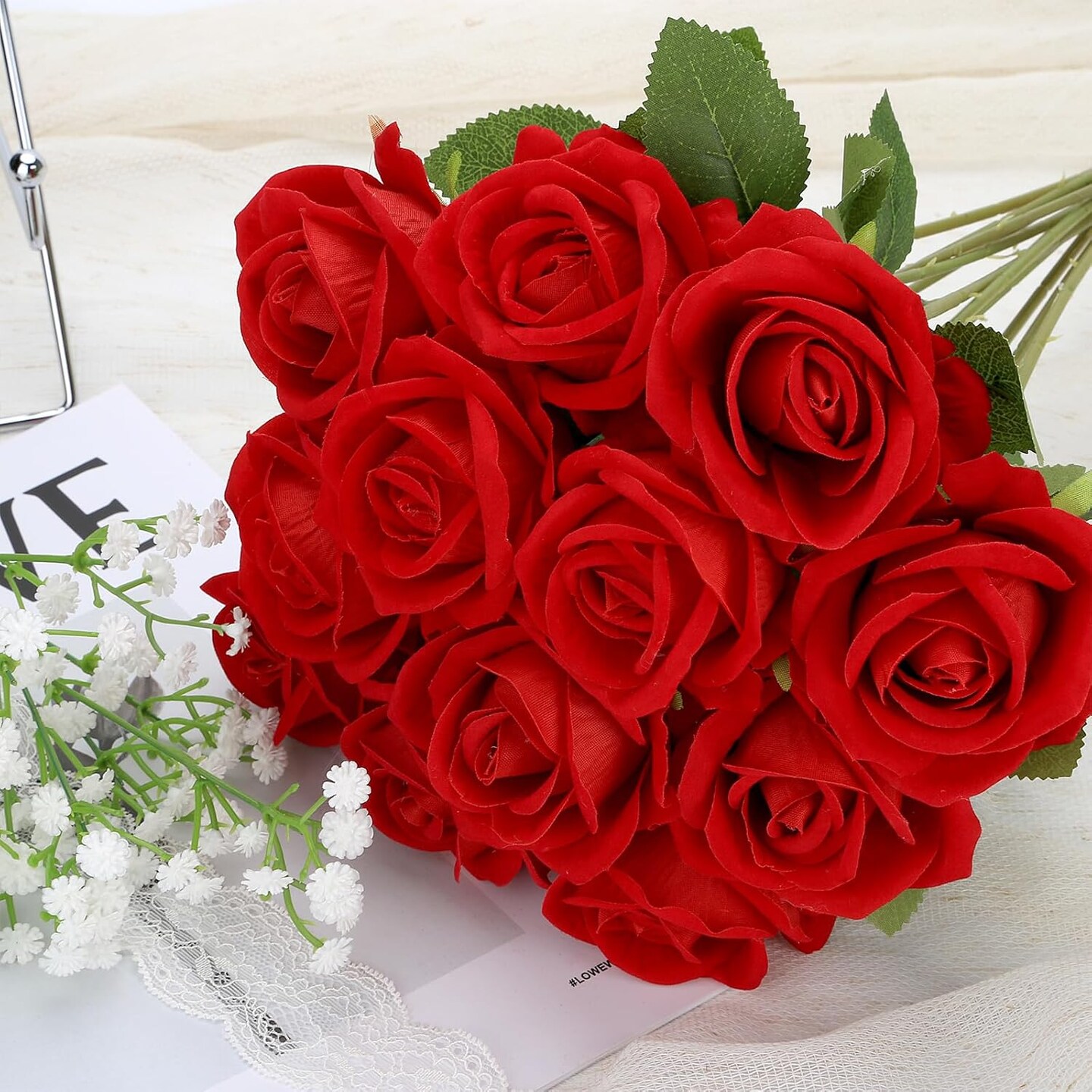 12 Pcs Red Roses Artificial Flowers, Fake Velvet Silk Roses in Bulk