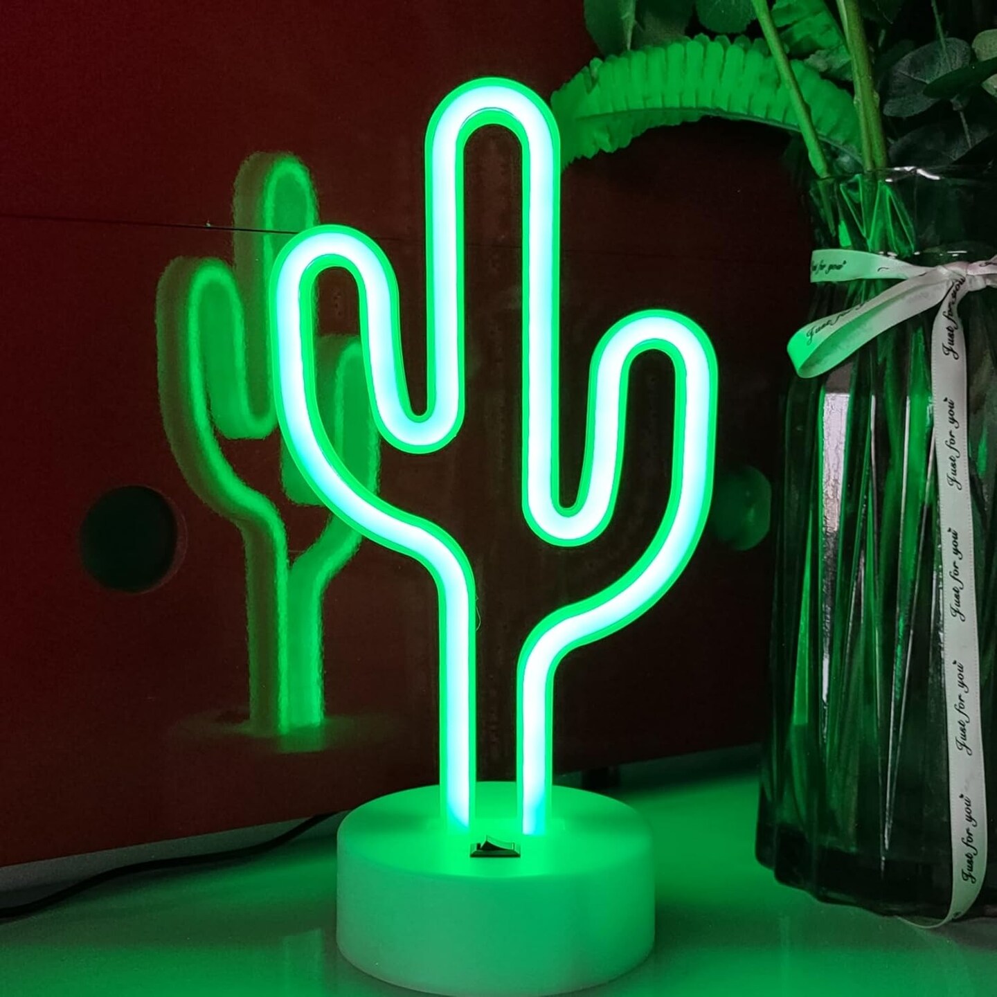 Neon Signs with Holder Base,USB or 3-AA Battery Powered Neon Light,LED Desktop Wall Decoration,Various Parties,Decoration of Business Premises(Cactus)