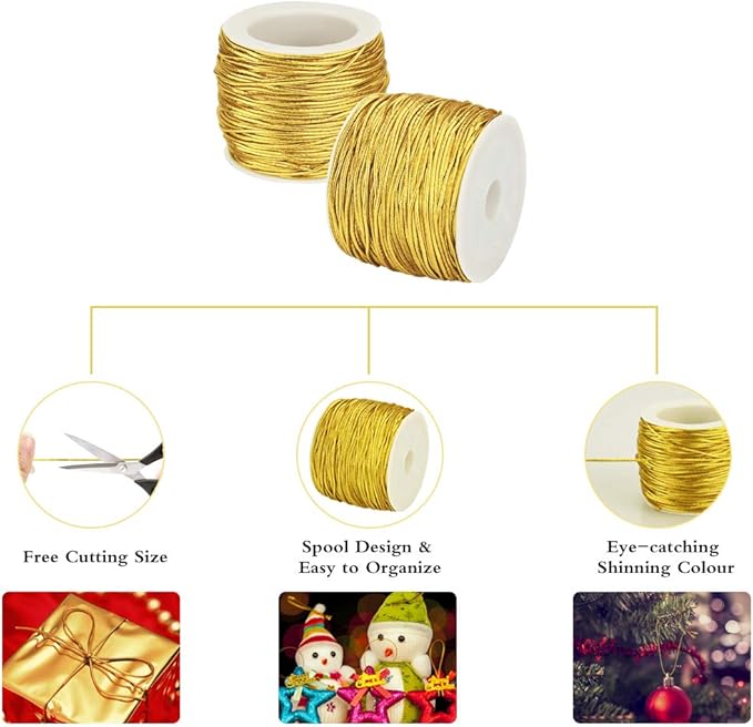 1/16&#x22; x 144 Yards Gold Metallic Tinsel Cord Rope Pack of 5 Rolls