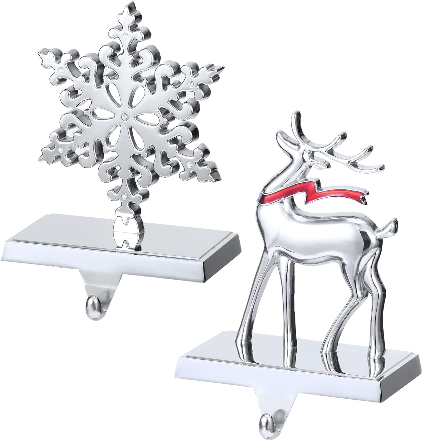 Christmas Stocking Holders, Set of 2 Snowflake &#x26; Reindeer Silver Stocking Holder, Weighted Personalized Christmas Stockings Hanger for Mantel, Stocking Hooks for Mantle Fireplace Christmas Decorations