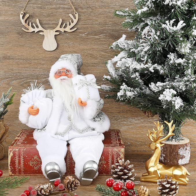 Christmas Sitting Santa Hand Crafted White Silver Coat Santa Claus Figurines Doll with Gift Bag and Presents Christmas Decoration for Home Office Table Xmas Party Ornament Gift