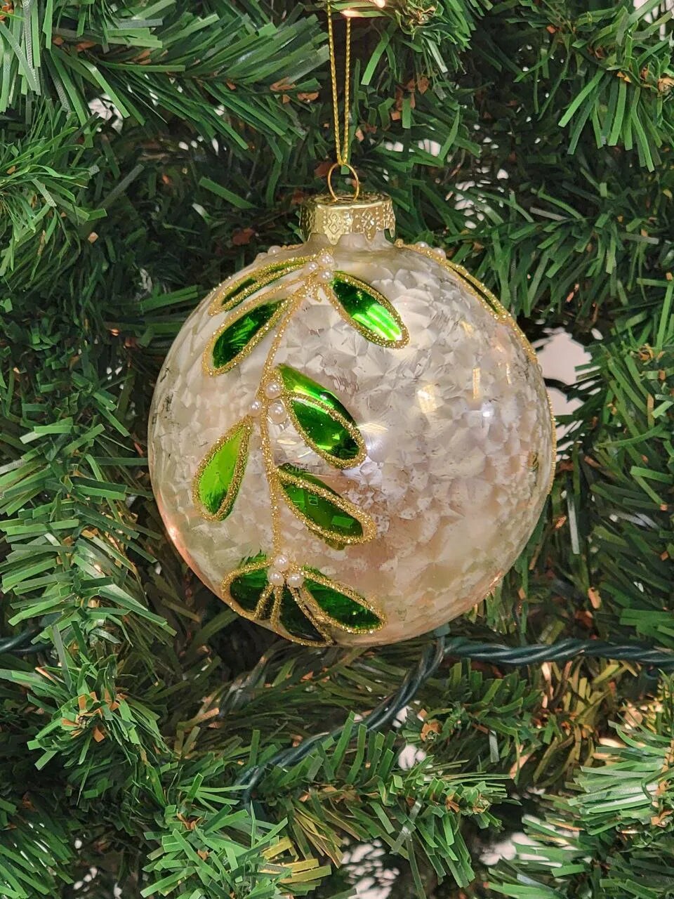 White and Green Glitter Leaf Glass Christmas Ornament