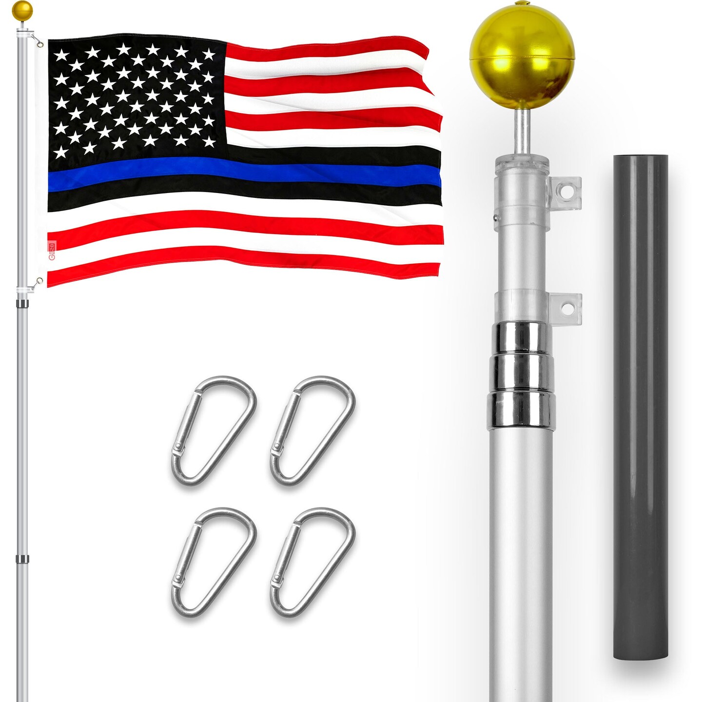 G128 Combo Pack: 16 Ft Telescoping Aluminum Flagpole (Silver) & Blue Lives Matter Flag 3x5 Ft, ToughWeave Series Embroidered 210D Polyester | Pole with Flag Included