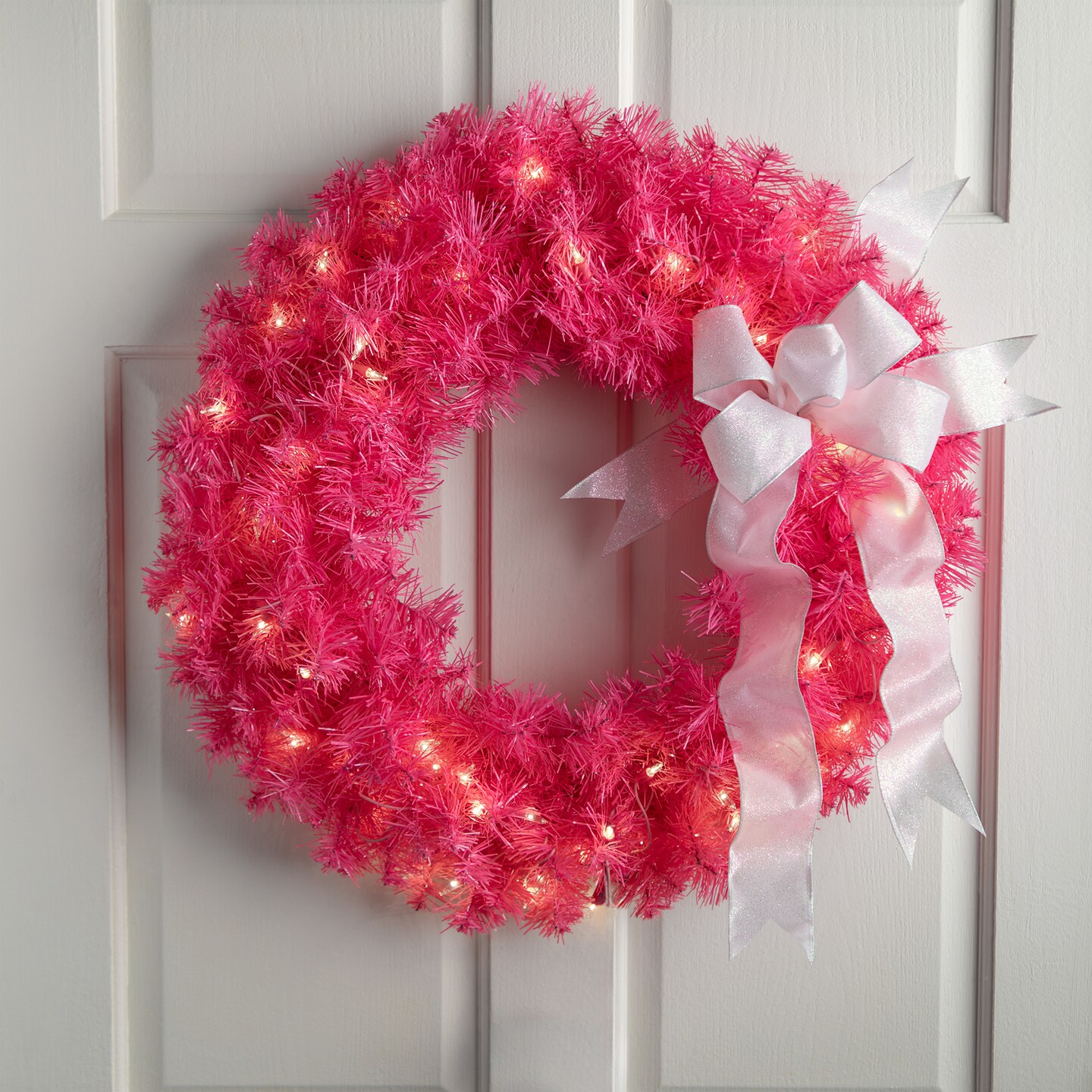 Northlight Pre-Lit Tinsel Artificial Christmas Wreath - 24&#x22; - Pink - Clear Lights