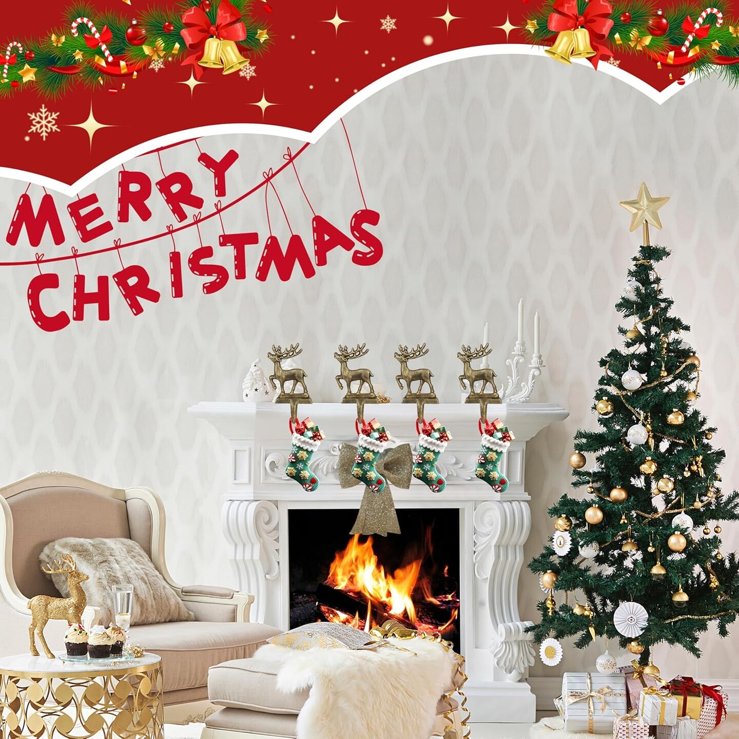 4 Pcs Christmas Stocking Holders Metal Reindeer Pattern Mantel Hooks Anti-Slip Fireplace Hangers Iron Heavy Duty Iron Stocking Holder for Fireplace Xmas Decor