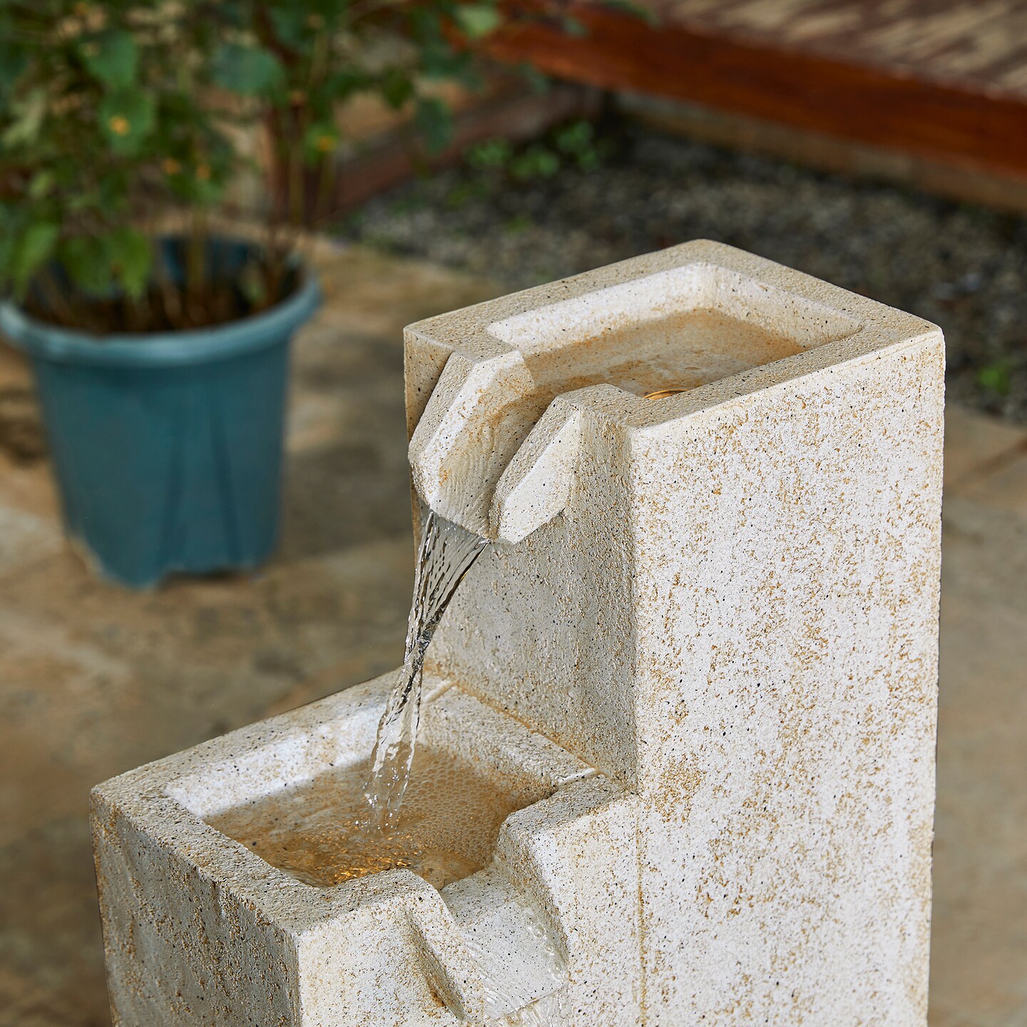 34.00&#x22;H Mid-Century Modern 4-Tier Faux Terrazzo Geometric Square Column Polyresin Outdoor Floor Fountain with Pump and LED Light