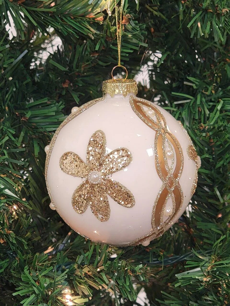 White Ball with Gold Flower Glass Christmas Ornament