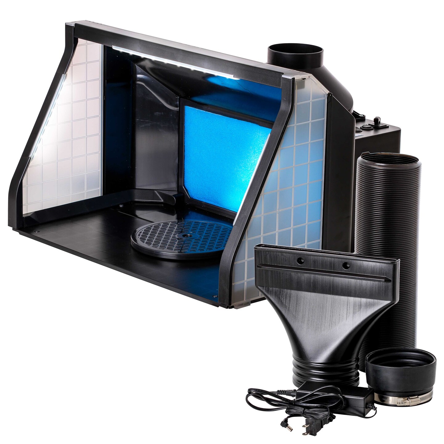Master Portable Hobby Airbrush Spray Booth Kit with LED Lights, Exhaust Extension Hose (Extends up to 5.6 Feet) &#x26; 7.5 in. Diameter Revolving Turntable