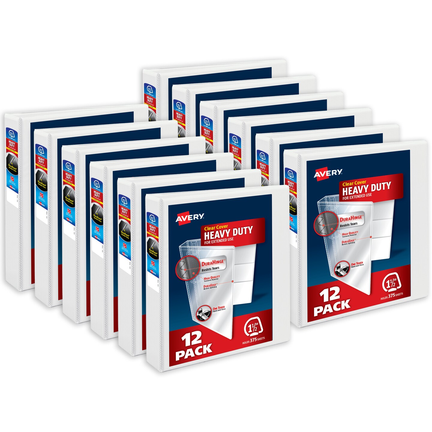 Avery Heavy-Duty View 3 Ring Binder, 1.5 Inch One Touch Slant Rings, 375-Sheet Capacity, DuraHinge, 2.1 Inch Wide Spine, Customizable Clear Cover and Spine, 1 White Binder (79795) - 12 Pack