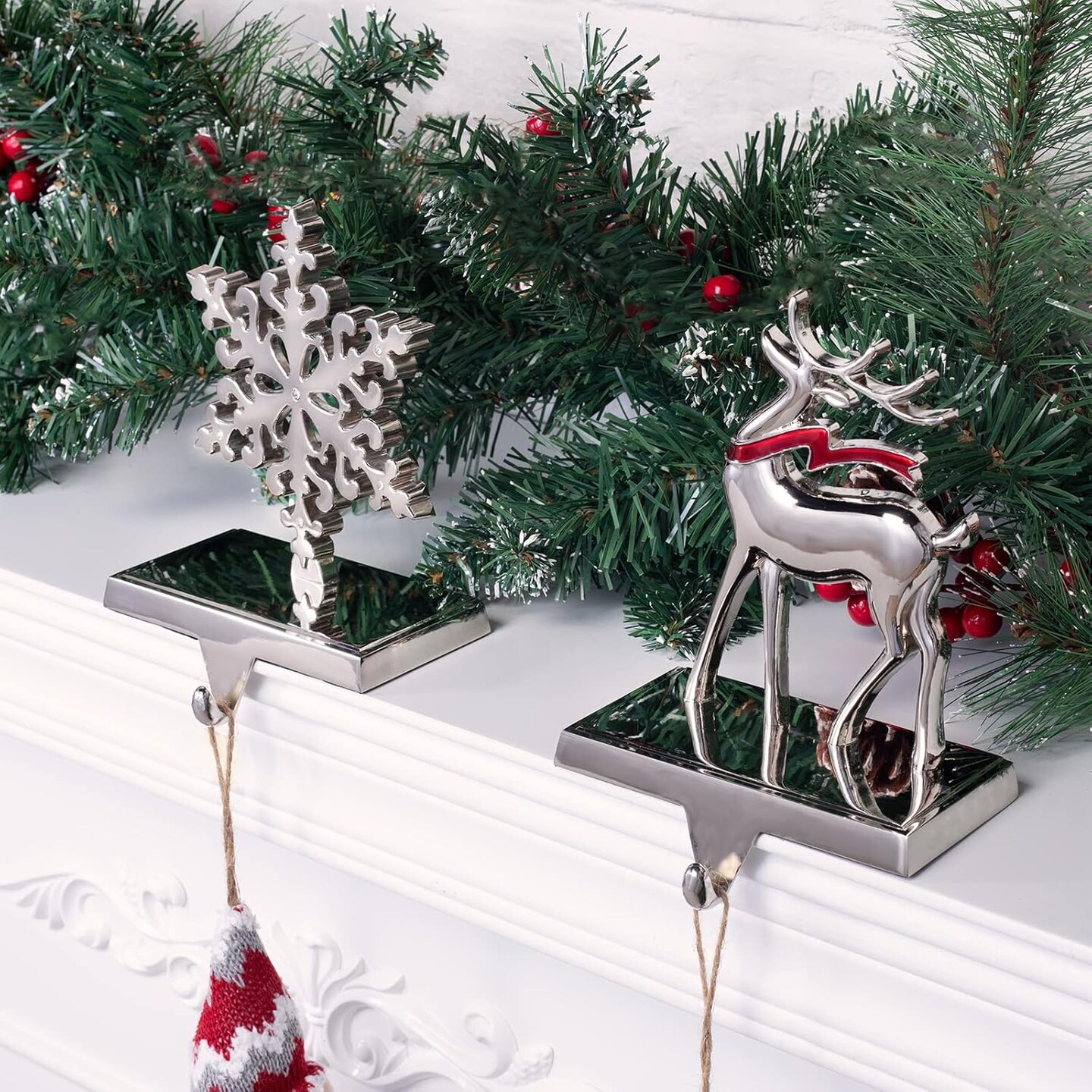 Christmas Stocking Holders, Set of 2 Snowflake &#x26; Reindeer Silver Stocking Holder, Weighted Personalized Christmas Stockings Hanger for Mantel, Stocking Hooks for Mantle Fireplace Christmas Decorations