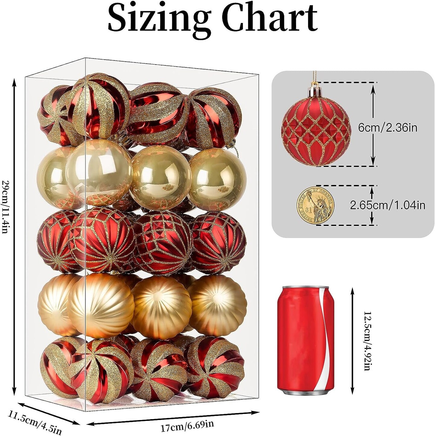 30Ct 2.36 Inch Christmas Tree Balls Ornaments, Colored Shatterproof Plastic Decorative Baubles for Xmas Tree Decor Holiday Party Wedding Decoration (Red &#x26; Gold, 60Mm)