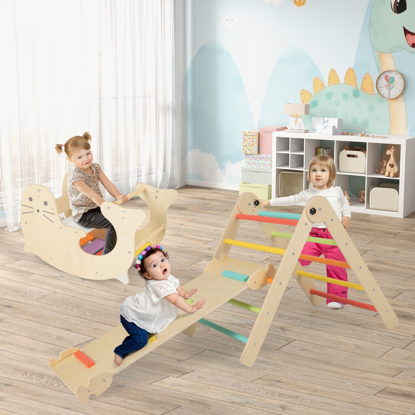Natural Wood 7-in-1 Toddler Indoor Climbing Toy Reversible Ramp