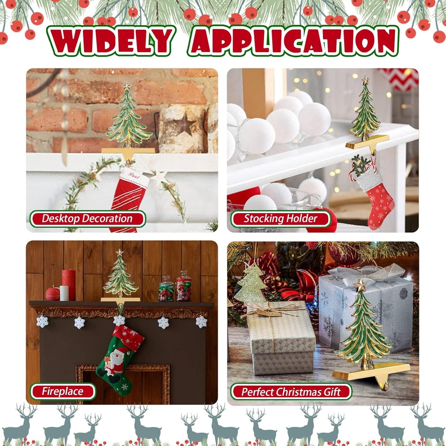 2PC Christmas Stocking Holders for Mantle Glitter Green Xmas Tree Gold Stocking Holder for Fireplace Home Decor Holiday Gifts Christmas Decorations Supplies Non-Skid Durable and Sturdy