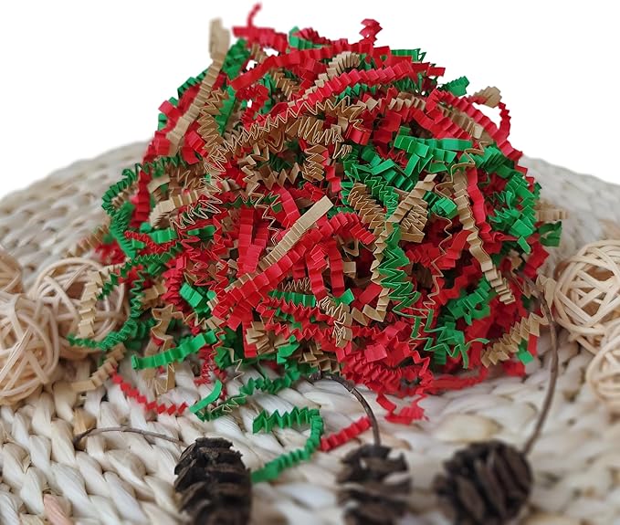 Shred Paper Filler (1LB) Crinkle Cut Paper for Wrapping &#x26; Filling Gift Basket Gift Boxes, Red, Kraft and Green-Christmas Mix