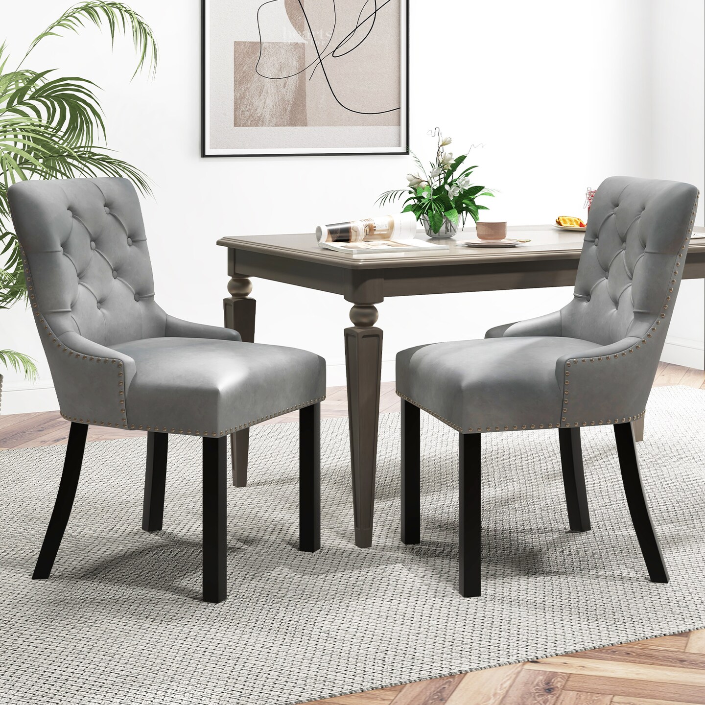 Upholstered Dining Chairs - Tufted Wingback Chairs With Rubber Wood Legs - Set of 2